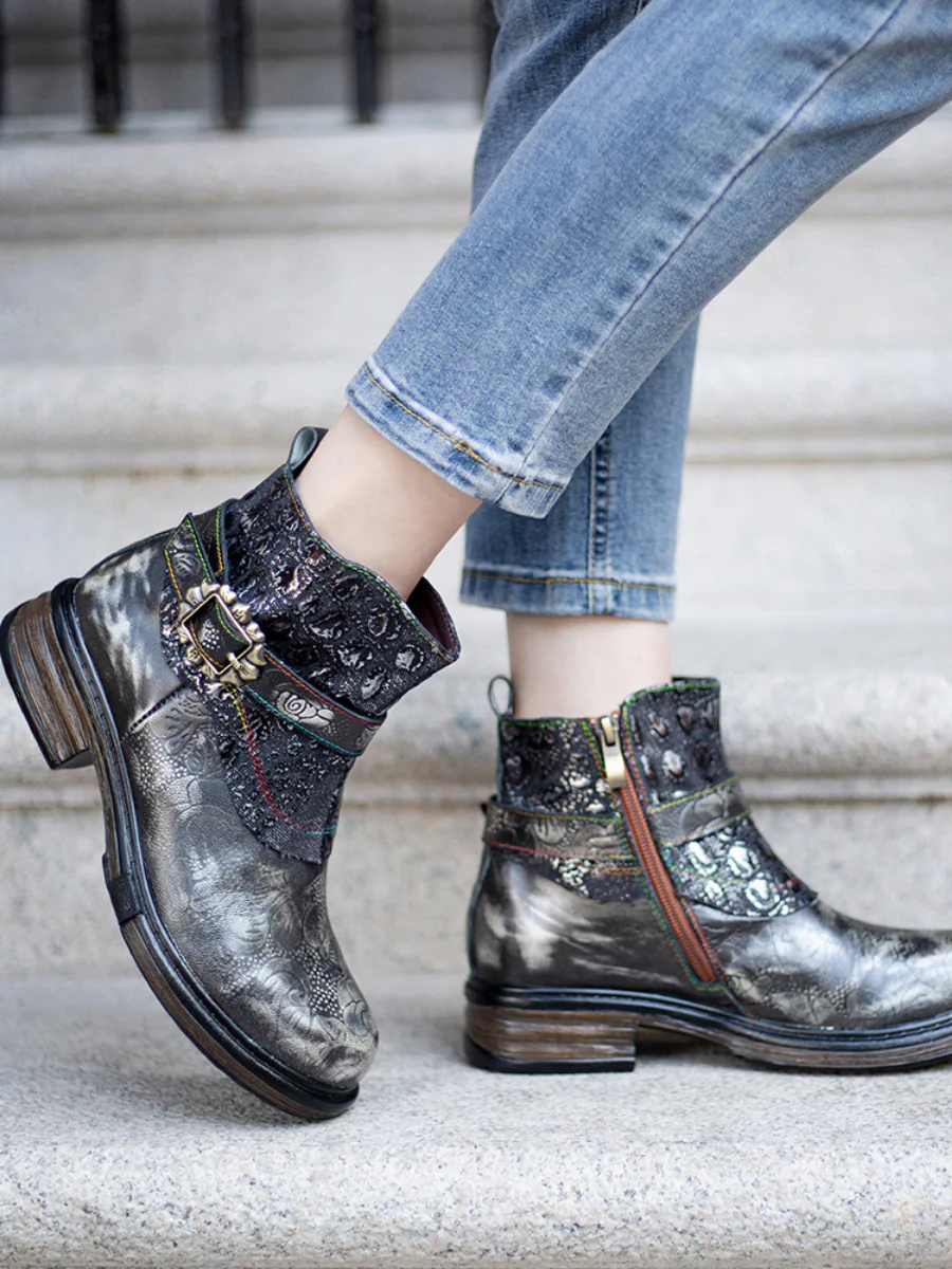 SOFFIA | Meteorite Floral Embossed Leather Chelsea Boot - Image 3