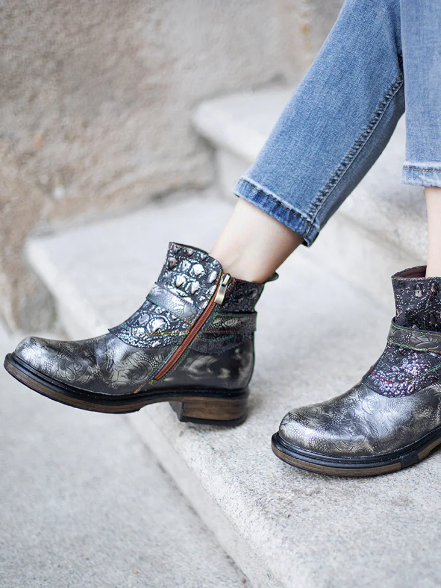 SOFFIA | Meteorite Floral Embossed Leather Chelsea Boot - Image 4
