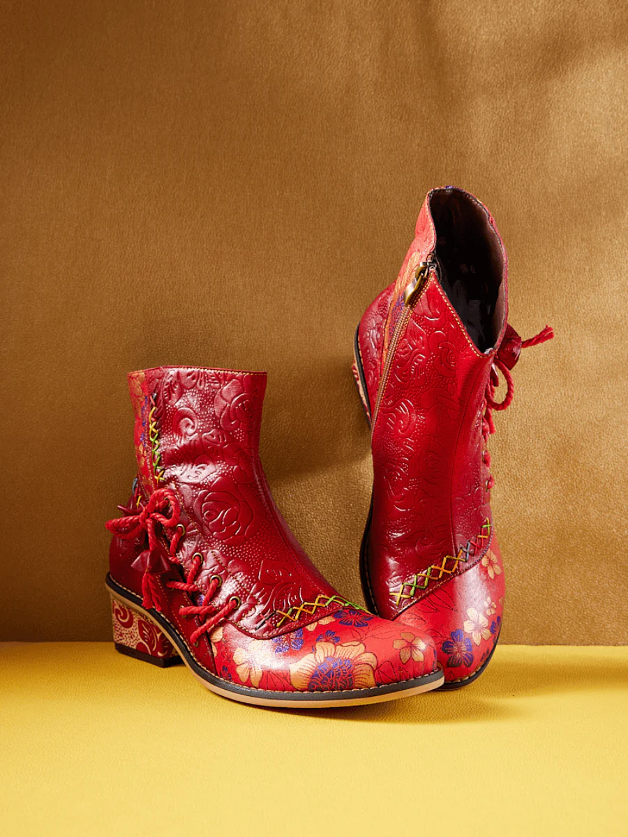 Soffia | Naomie Rose Embossed Floral Leather Combat Boots - Image 2