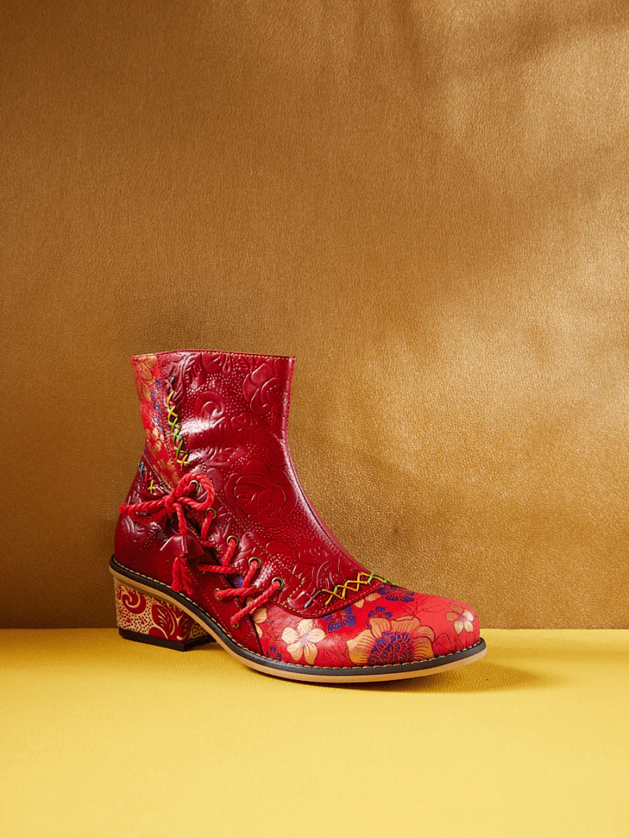 Soffia | Naomie Rose Embossed Floral Leather Combat Boots - Image 3