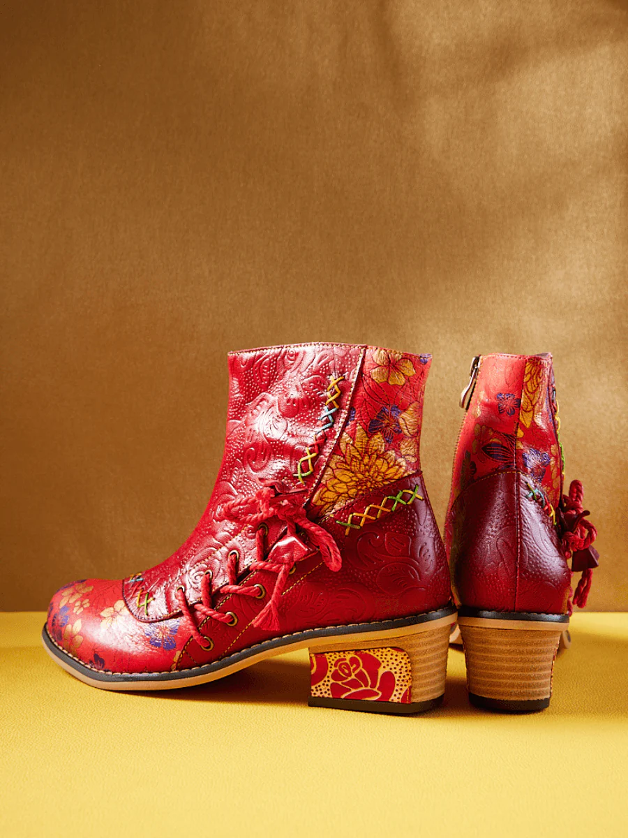 Soffia | Naomie Rose Embossed Floral Leather Combat Boots - Image 4