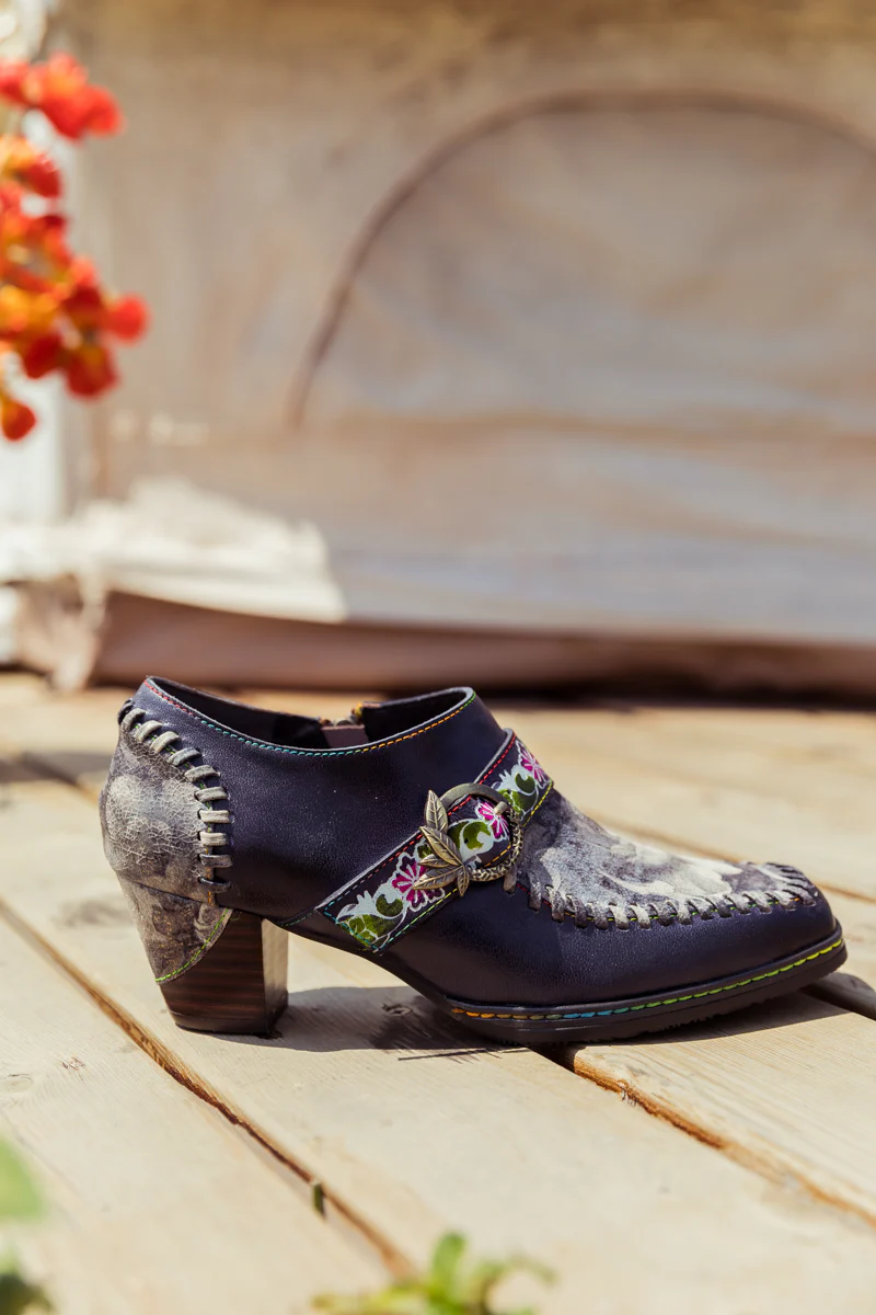 SOFFIA | Navy Leather Floral Strap-Accent Bootie - Image 2