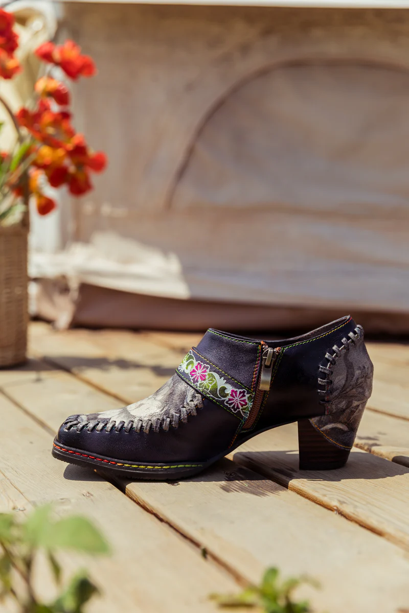 SOFFIA | Navy Leather Floral Strap-Accent Bootie - Image 3