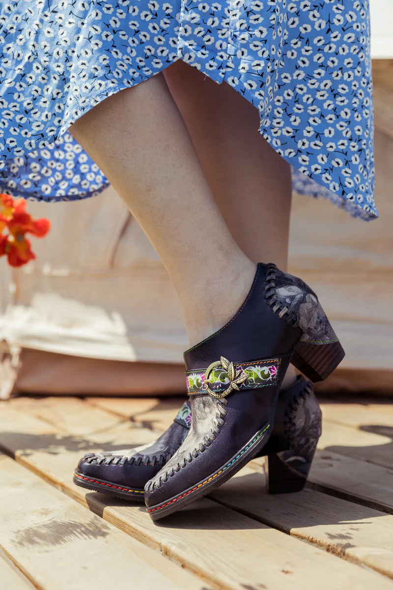 SOFFIA | Navy Leather Floral Strap-Accent Bootie - Image 4