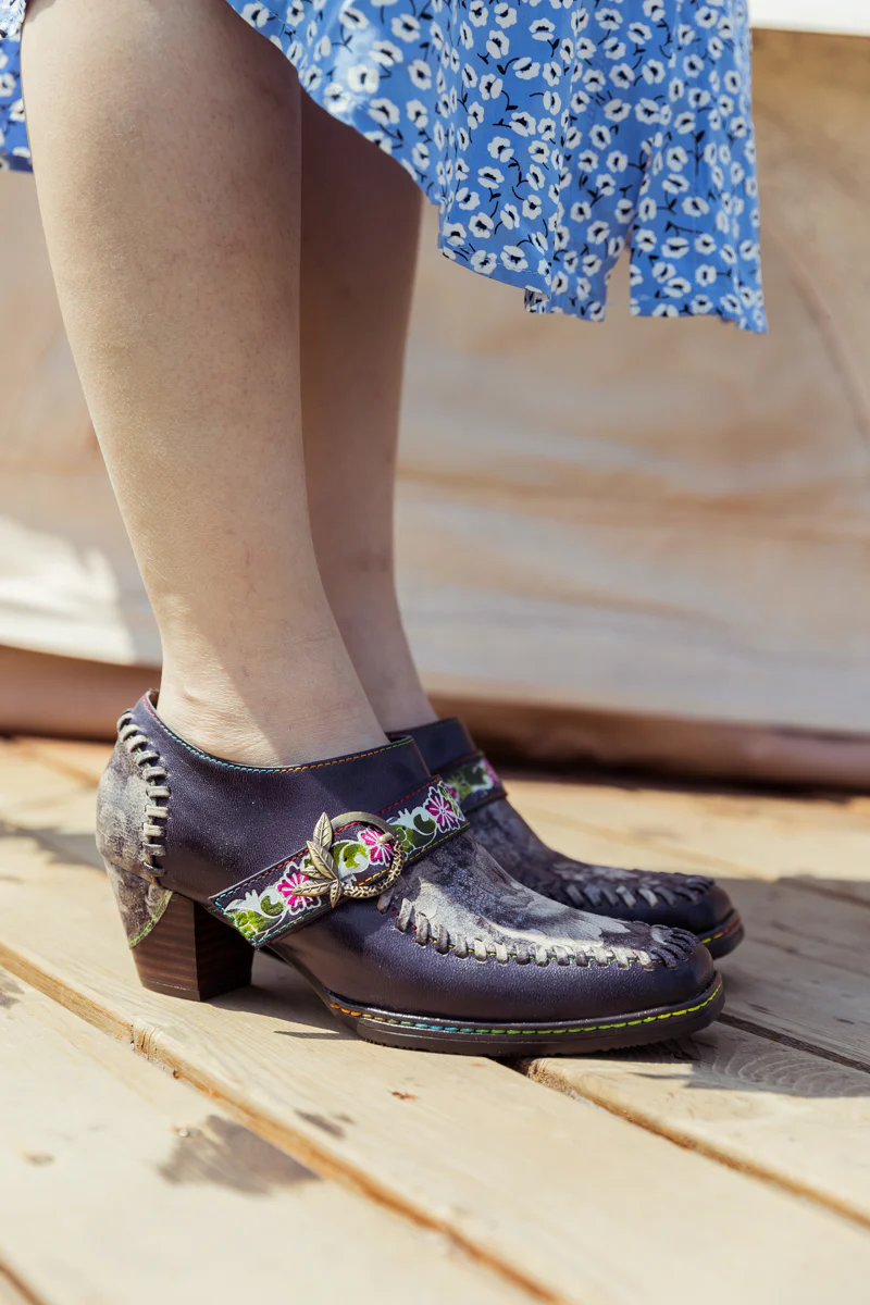SOFFIA | Navy Leather Floral Strap-Accent Bootie - Image 5