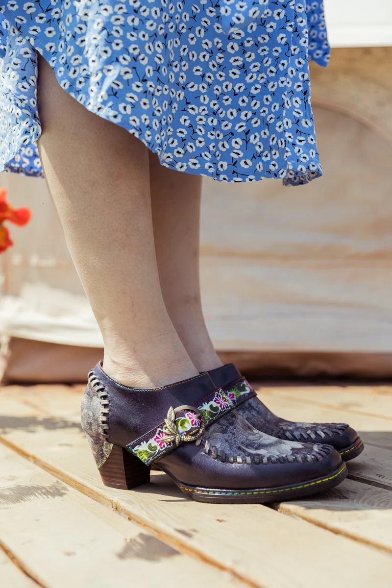 SOFFIA | Navy Leather Floral Strap-Accent Bootie - Image 6