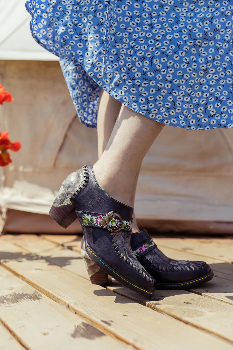 SOFFIA | Navy Leather Floral Strap-Accent Bootie - Image 7