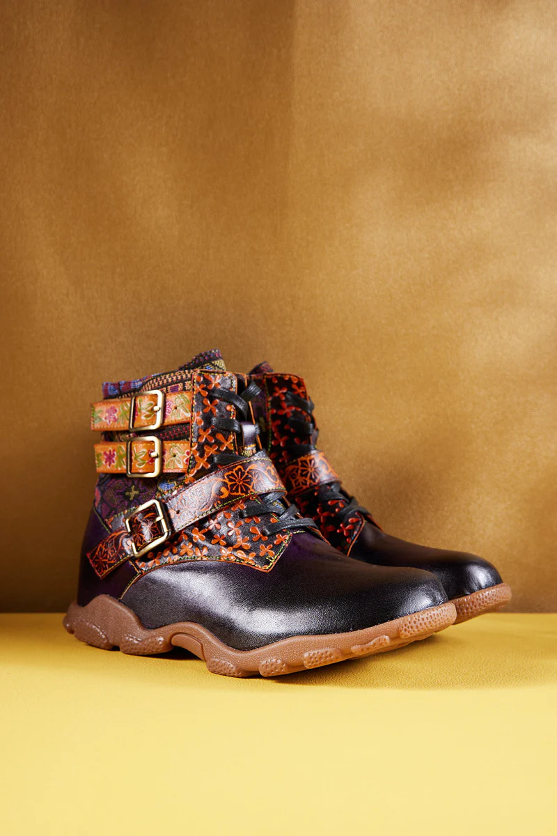Soffia | Nichols Floral Embossed Leather Combat Boots - Image 7