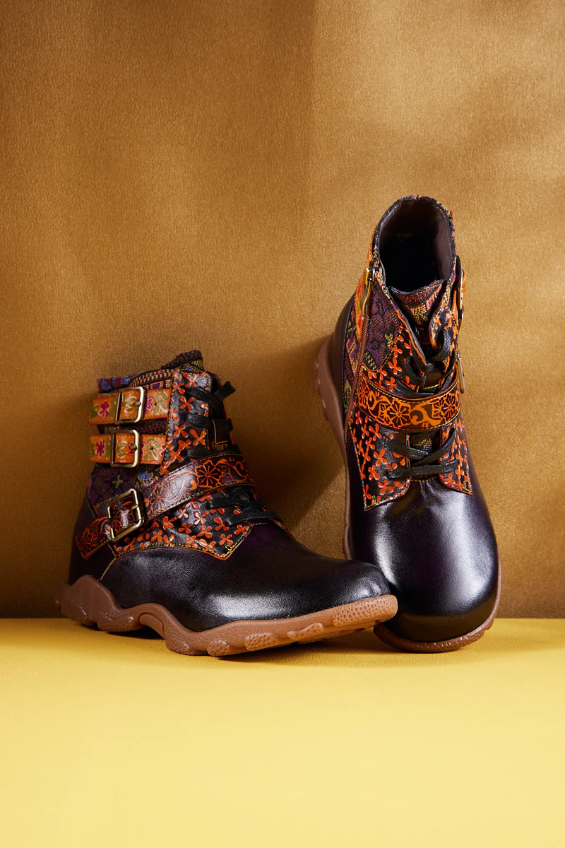 Soffia | Nichols Floral Embossed Leather Combat Boots - Image 8