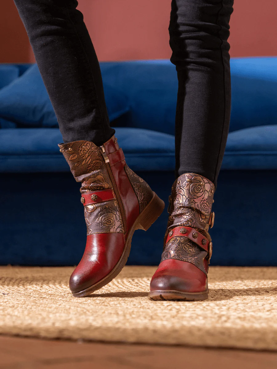 Soffia | Nicolette Rivet Stud Leather Moto Boots - Claret - Image 2