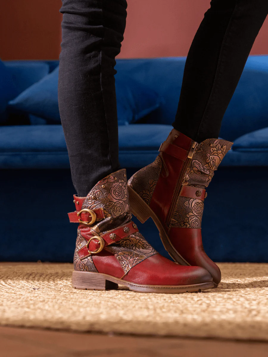 Soffia | Nicolette Rivet Stud Leather Moto Boots - Claret - Image 3
