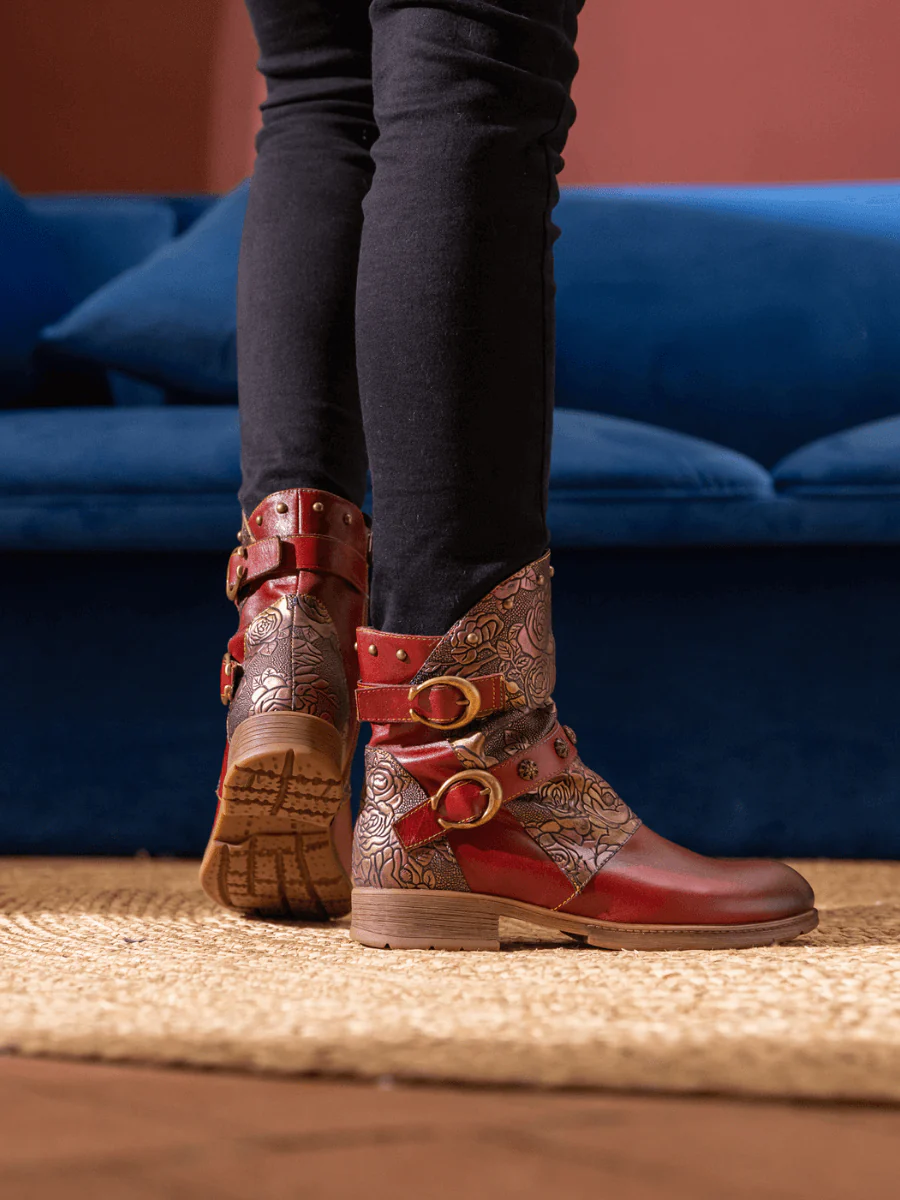 Soffia | Nicolette Rivet Stud Leather Moto Boots - Claret - Image 5