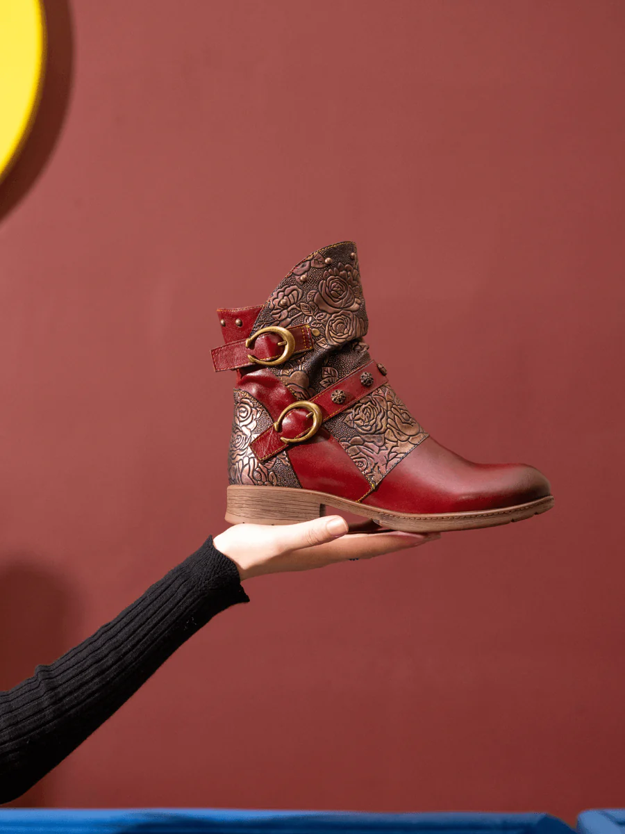 Soffia | Nicolette Rivet Stud Leather Moto Boots - Claret - Image 6