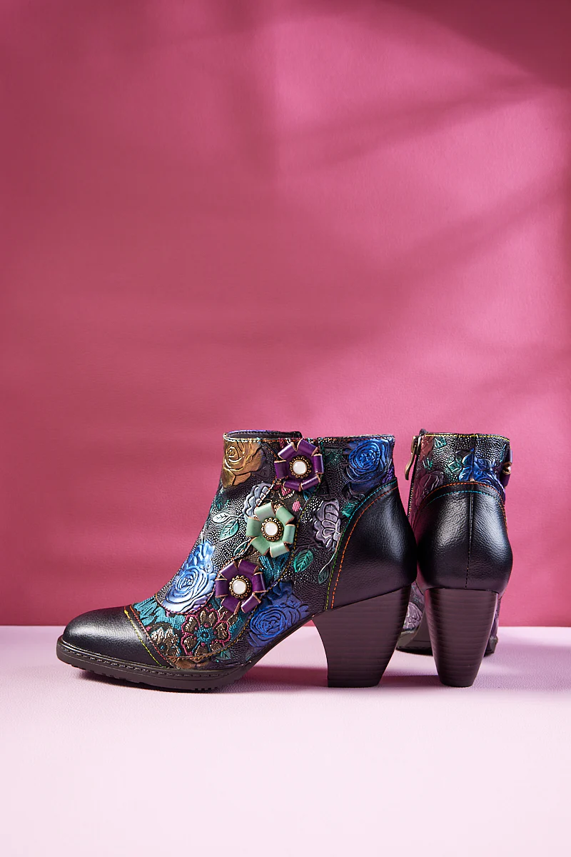 Soffia | Odette Rose Floral Embossed Leather Ankle Boots - Image 10