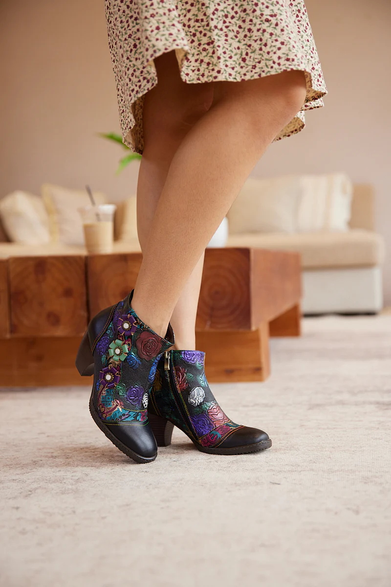 Soffia | Odette Rose Floral Embossed Leather Ankle Boots - Image 2