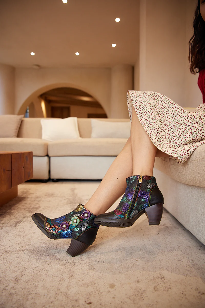 Soffia | Odette Rose Floral Embossed Leather Ankle Boots - Image 5