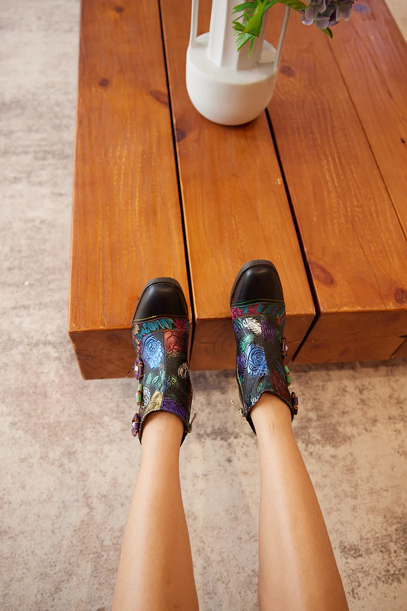 Soffia | Odette Rose Floral Embossed Leather Ankle Boots - Image 6