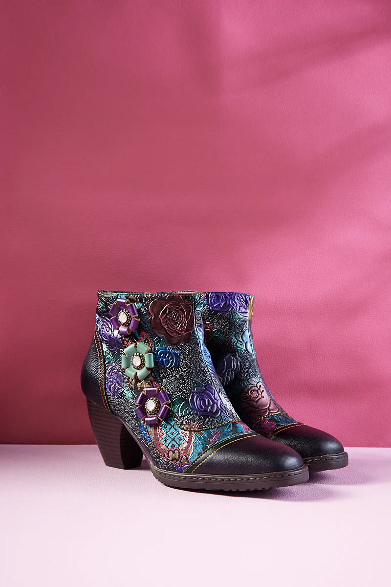 Soffia | Odette Rose Floral Embossed Leather Ankle Boots - Image 7