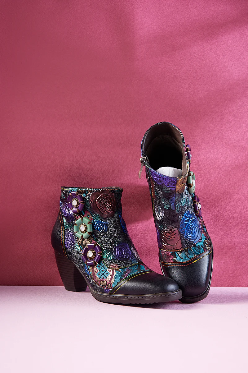 Soffia | Odette Rose Floral Embossed Leather Ankle Boots - Image 8