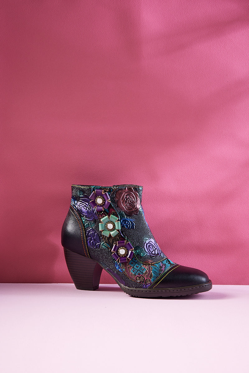 Soffia | Odette Rose Floral Embossed Leather Ankle Boots - Image 9