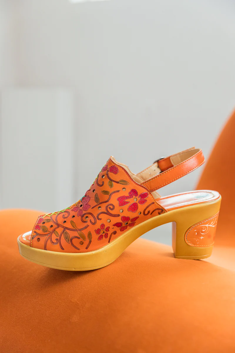SOFFIA | ORANGE FLORAL EMBOSSED PERFORATED LEATHER SANDAL - Image 3