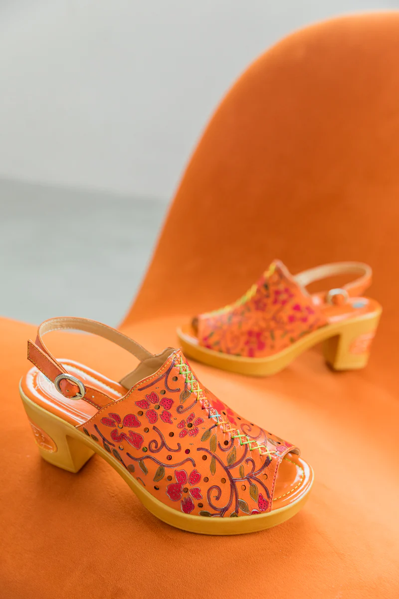 SOFFIA | ORANGE FLORAL EMBOSSED PERFORATED LEATHER SANDAL - Image 4