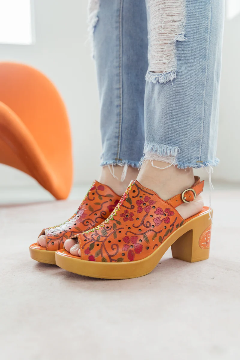 SOFFIA | ORANGE FLORAL EMBOSSED PERFORATED LEATHER SANDAL - Image 5