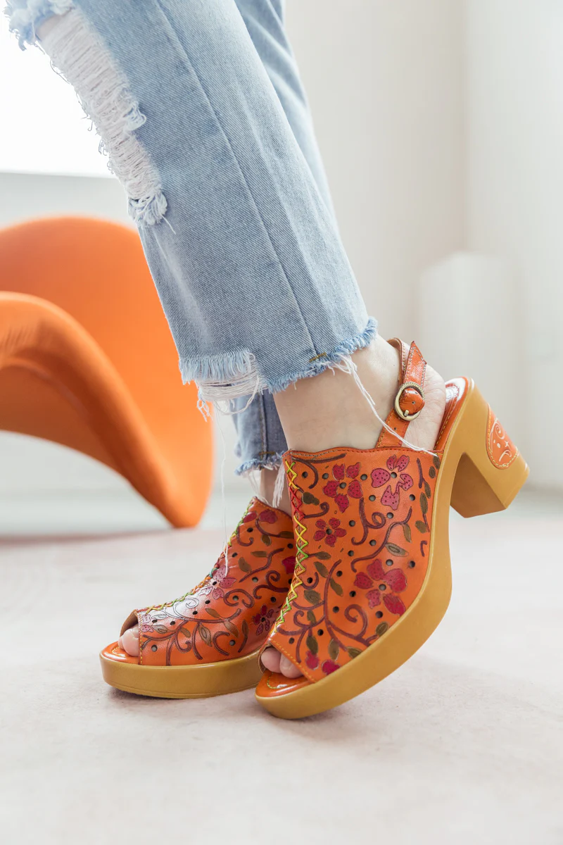 SOFFIA | ORANGE FLORAL EMBOSSED PERFORATED LEATHER SANDAL - Image 6