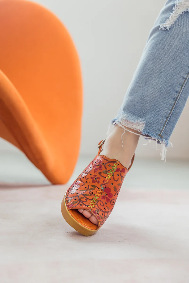 SOFFIA | ORANGE FLORAL EMBOSSED PERFORATED LEATHER SANDAL - Image 7