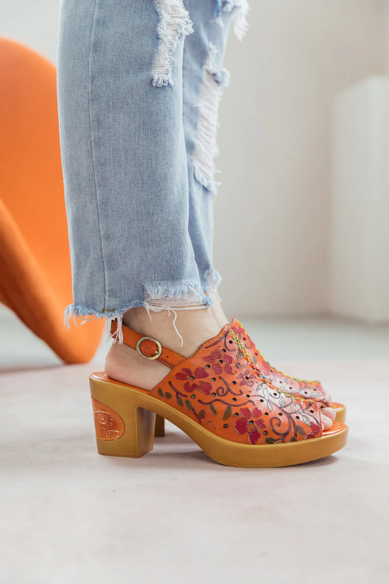 SOFFIA | ORANGE FLORAL EMBOSSED PERFORATED LEATHER SANDAL - Image 8