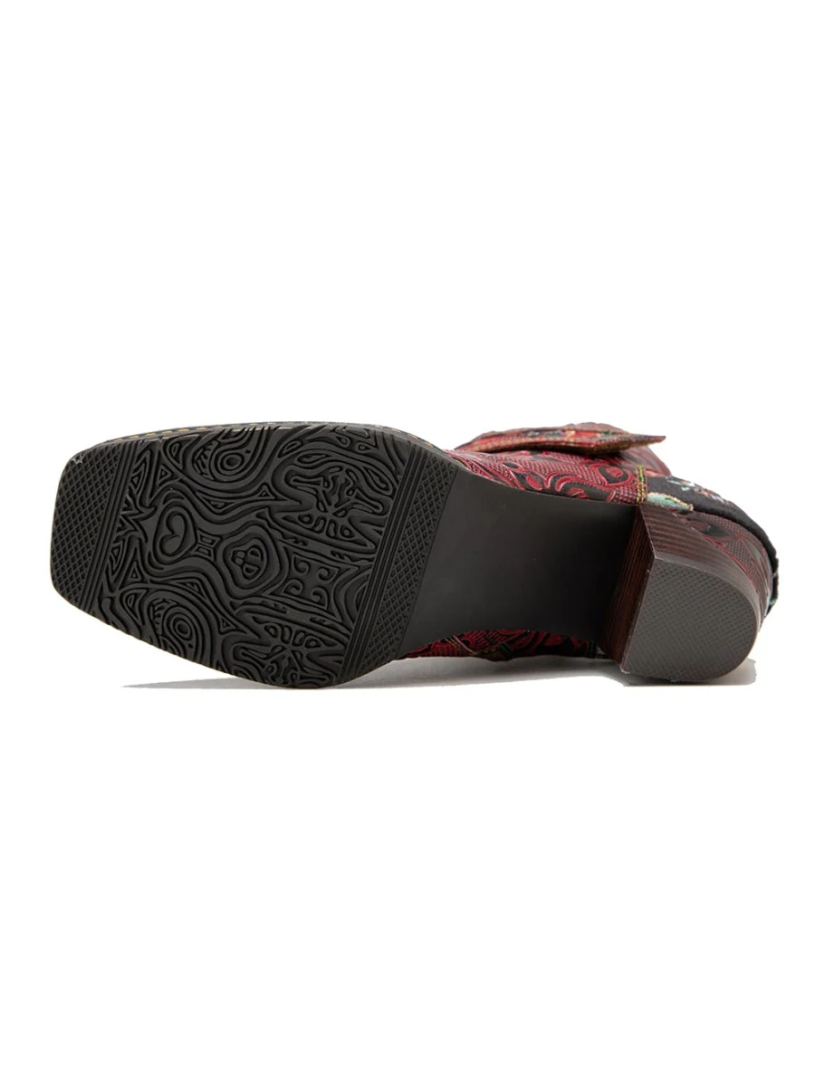 SOFFIA | Genuine Leather Orchid Embossed Red Heel Ankle Boots - Image 10