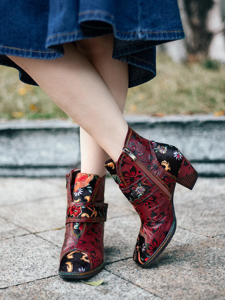 SOFFIA | Genuine Leather Orchid Embossed Red Heel Ankle Boots - Image 3