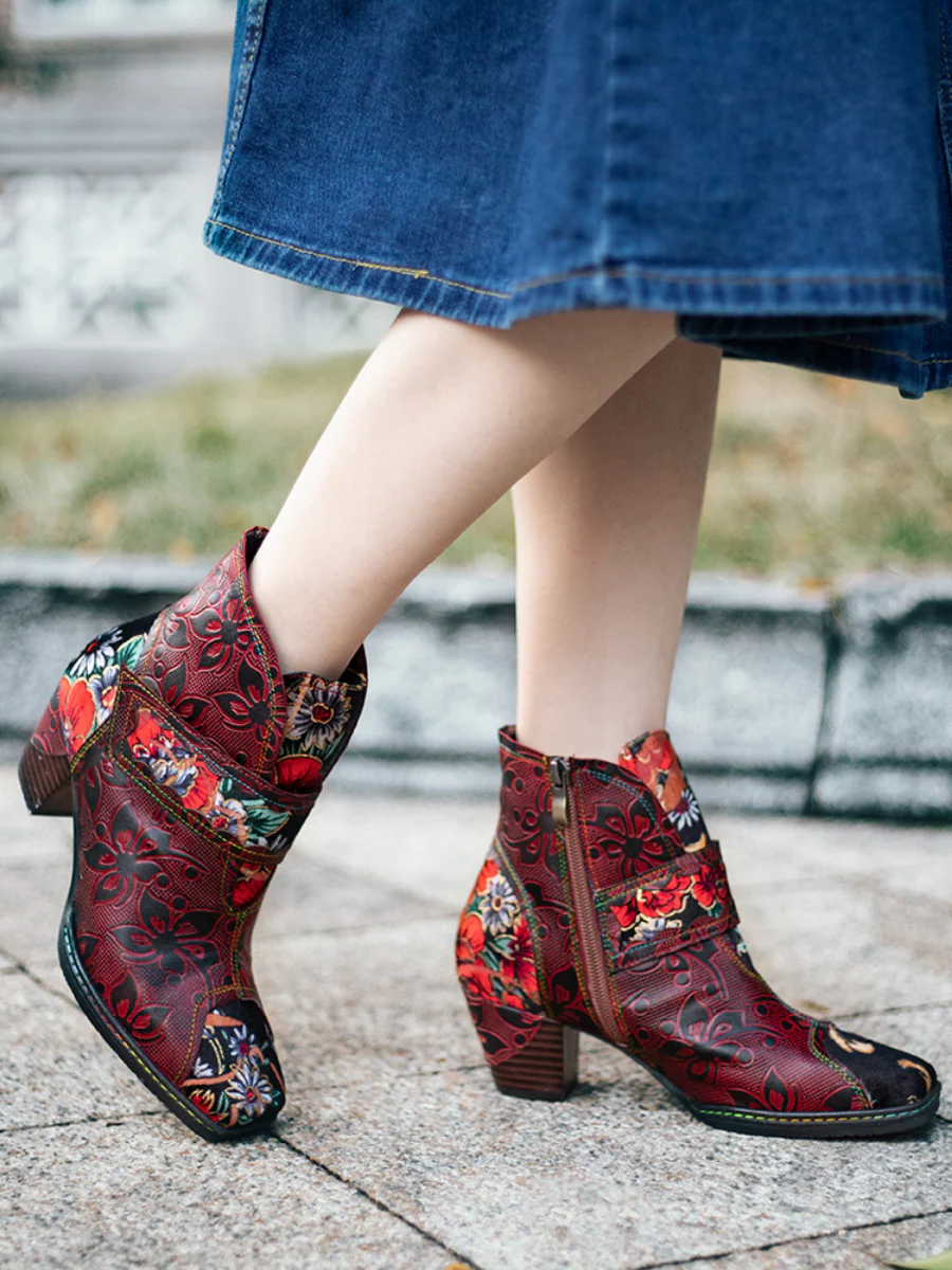 SOFFIA | Genuine Leather Orchid Embossed Red Heel Ankle Boots - Image 4