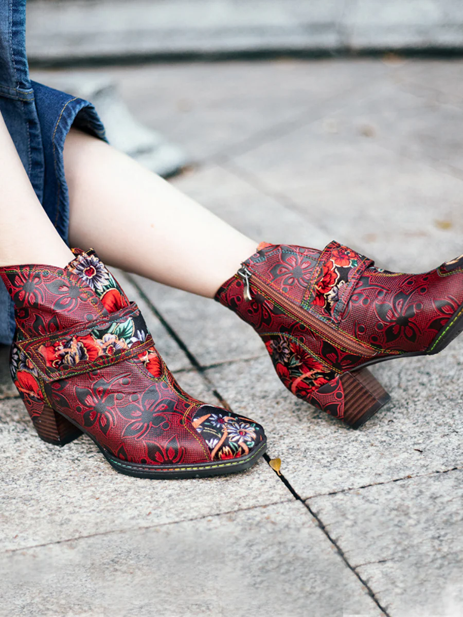 SOFFIA | Genuine Leather Orchid Embossed Red Heel Ankle Boots - Image 5