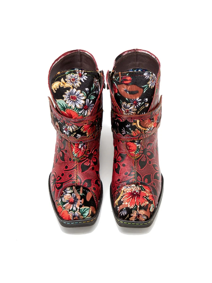 SOFFIA | Genuine Leather Orchid Embossed Red Heel Ankle Boots - Image 6