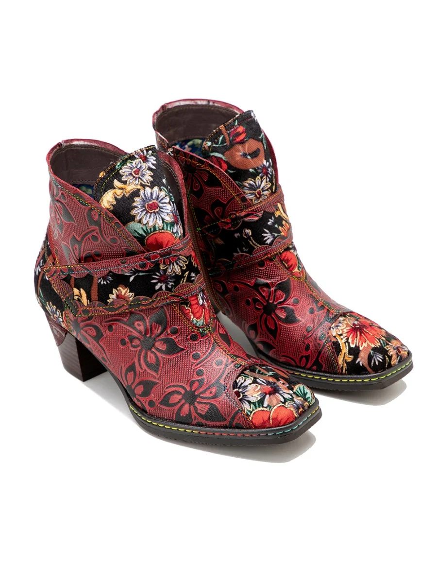 SOFFIA | Genuine Leather Orchid Embossed Red Heel Ankle Boots - Image 7