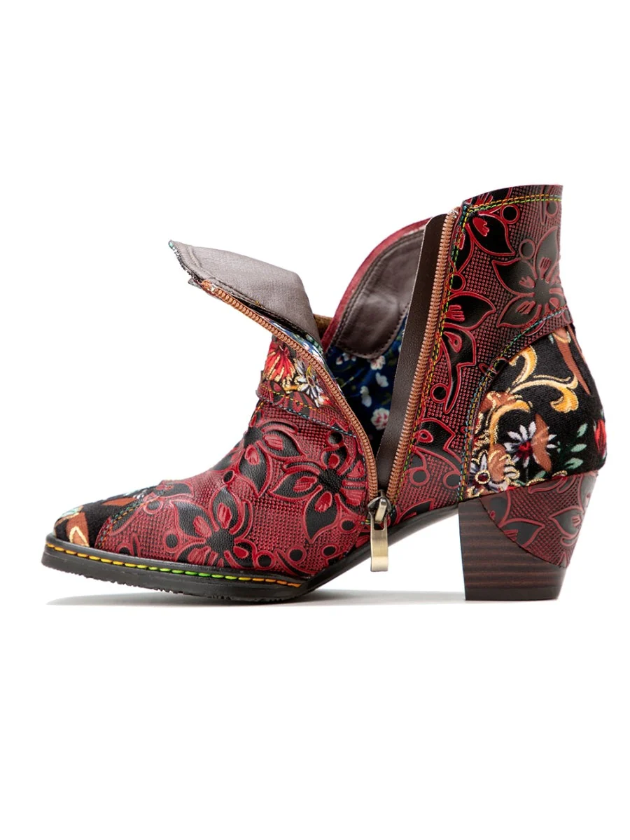 SOFFIA | Genuine Leather Orchid Embossed Red Heel Ankle Boots - Image 8