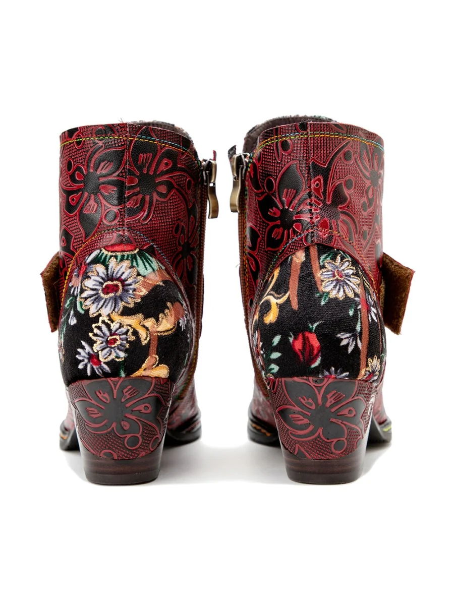 SOFFIA | Genuine Leather Orchid Embossed Red Heel Ankle Boots - Image 9
