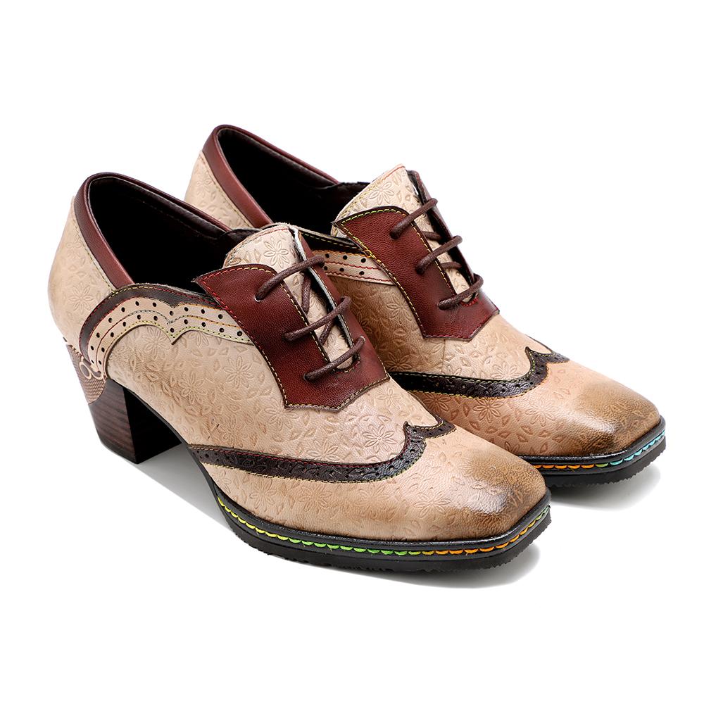 SOFFIA | BEIGE LEATHER ADELE BLOCK HEEL BROGUES OXFORD - Image 3