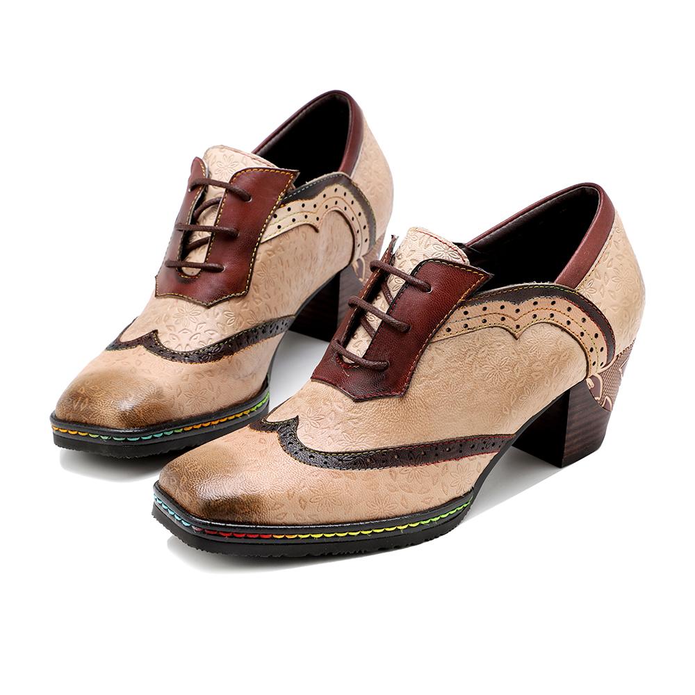 SOFFIA | BEIGE LEATHER ADELE BLOCK HEEL BROGUES OXFORD - Image 5