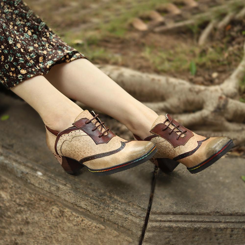 SOFFIA | BEIGE LEATHER ADELE BLOCK HEEL BROGUES OXFORD - Image 8