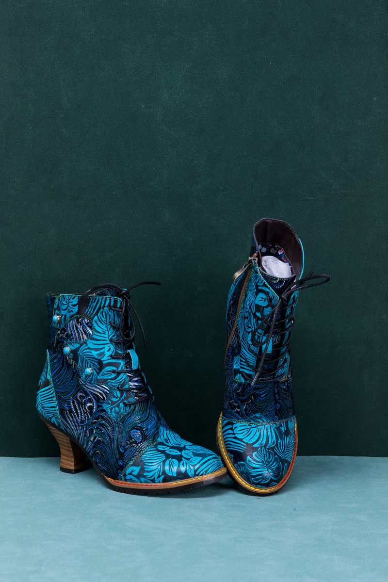 SOFFIA | PALM LEAF PEACOCK FEATHER LEATHER ANKLE BOOT - Image 10