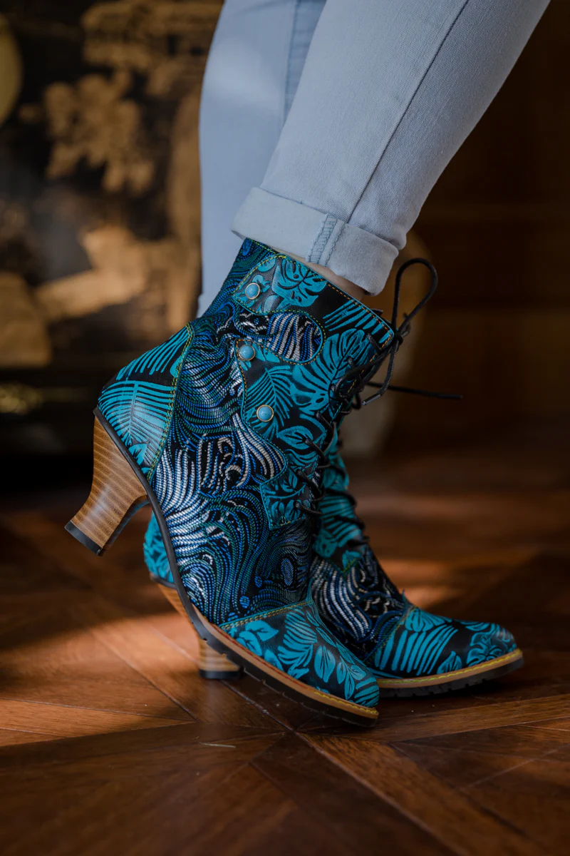 SOFFIA | PALM LEAF PEACOCK FEATHER LEATHER ANKLE BOOT - Image 2