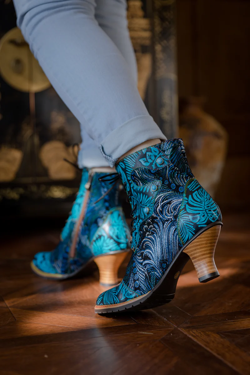 SOFFIA | PALM LEAF PEACOCK FEATHER LEATHER ANKLE BOOT - Image 3