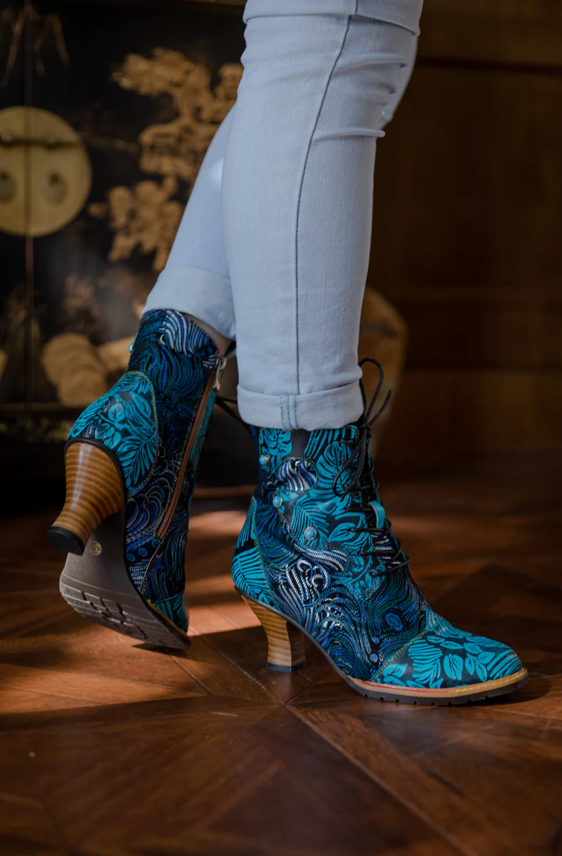 SOFFIA | PALM LEAF PEACOCK FEATHER LEATHER ANKLE BOOT - Image 4