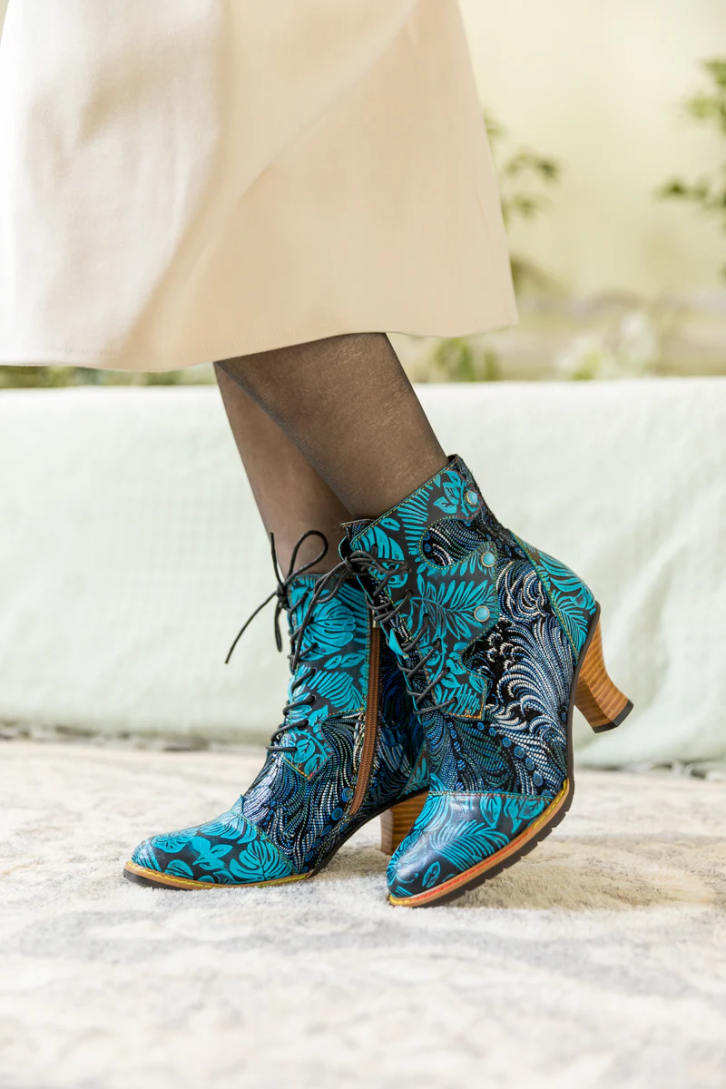 SOFFIA | PALM LEAF PEACOCK FEATHER LEATHER ANKLE BOOT - Image 6