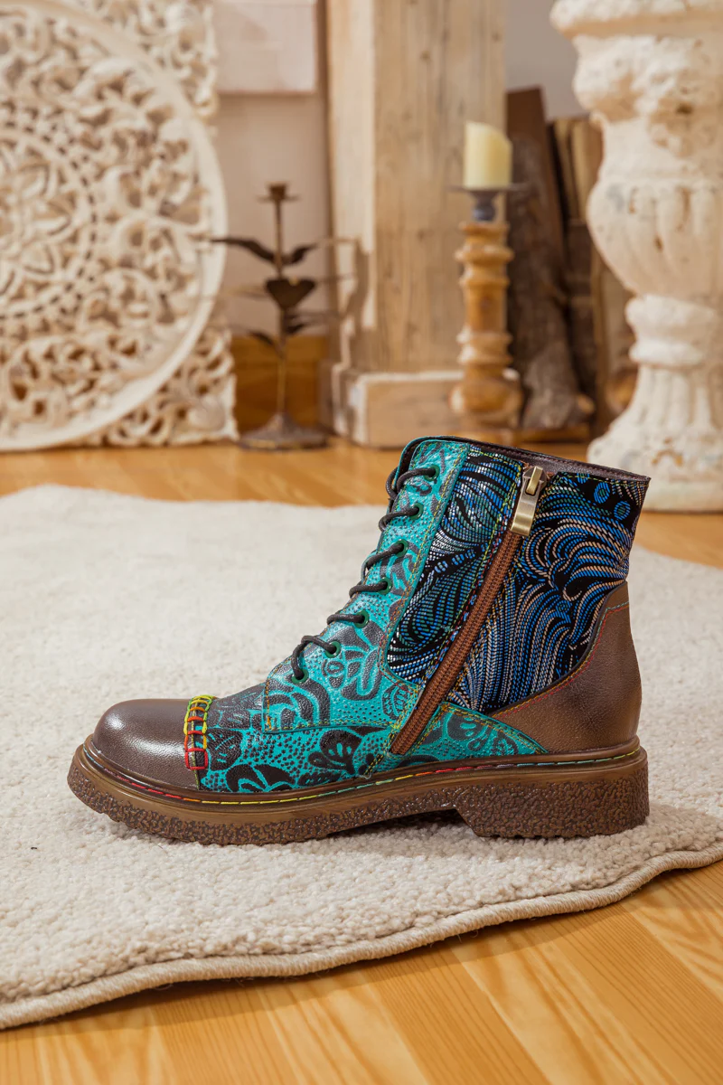 SOFFIA | PEACOCK FEATHER EMBOSSED LEATHER COMBAT BOOT - Image 10