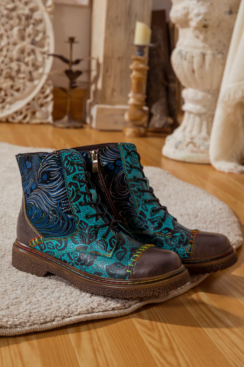 SOFFIA | PEACOCK FEATHER EMBOSSED LEATHER COMBAT BOOT - Image 11