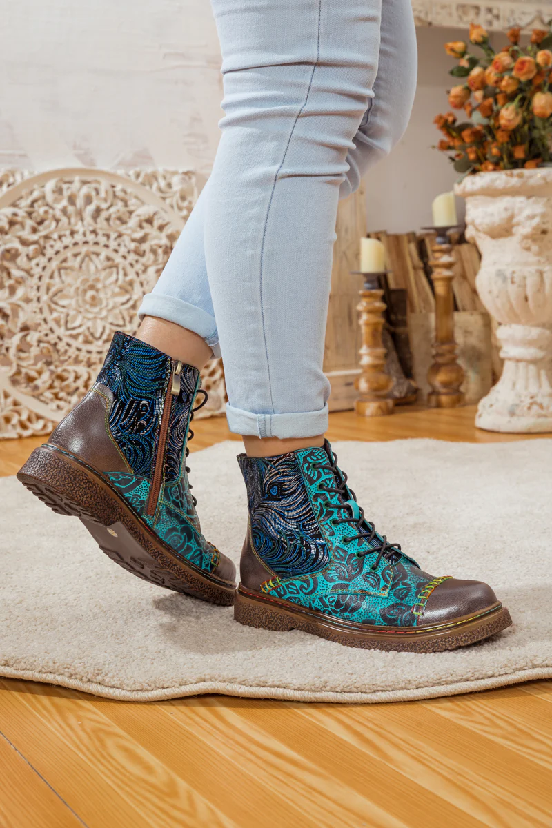 SOFFIA | PEACOCK FEATHER EMBOSSED LEATHER COMBAT BOOT - Image 12