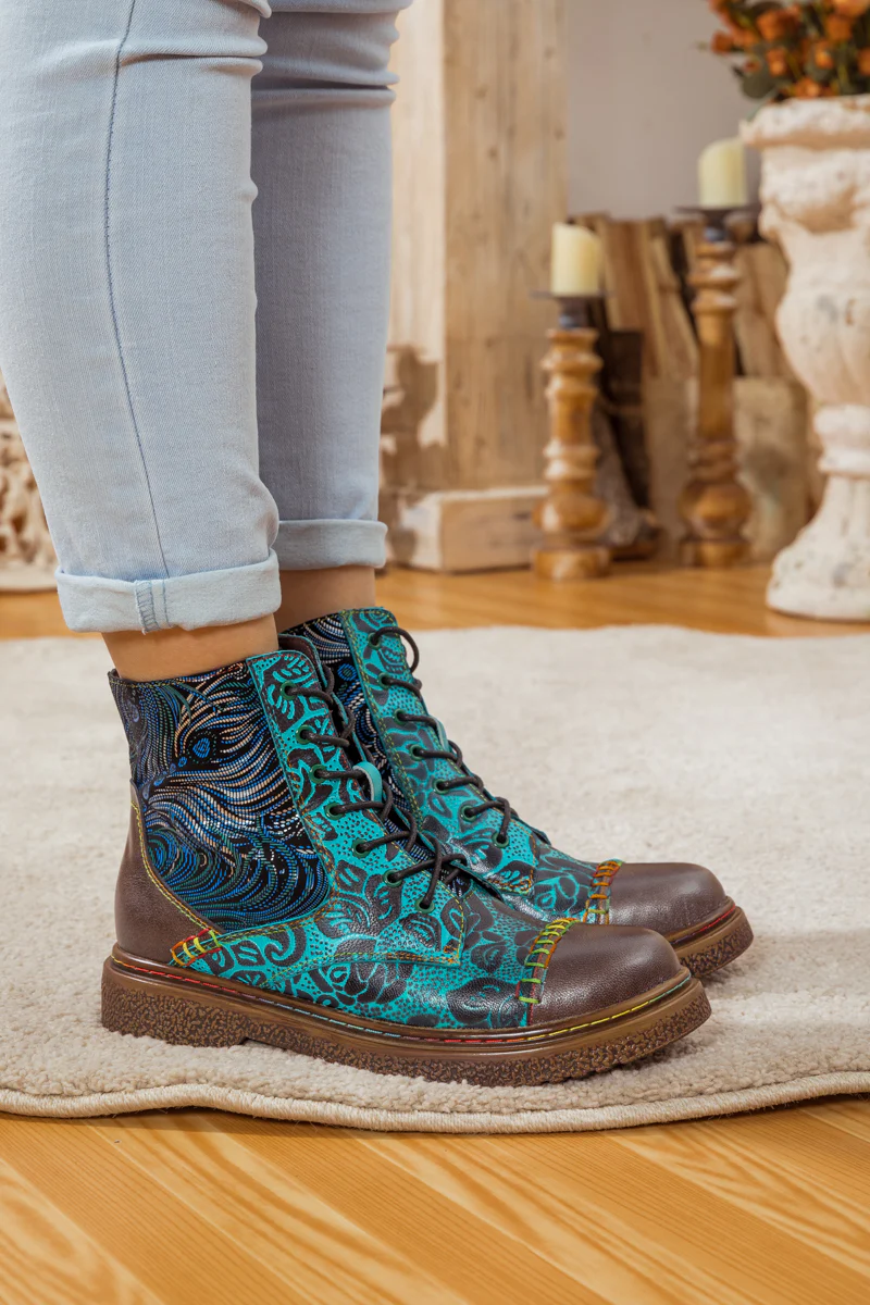 SOFFIA | PEACOCK FEATHER EMBOSSED LEATHER COMBAT BOOT - Image 3
